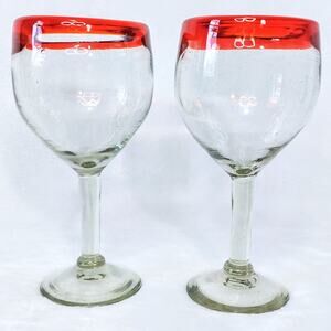 2 Hand Blown Mexican Wine Glasses Red Rim Margarita Water Goblet Balloon Set